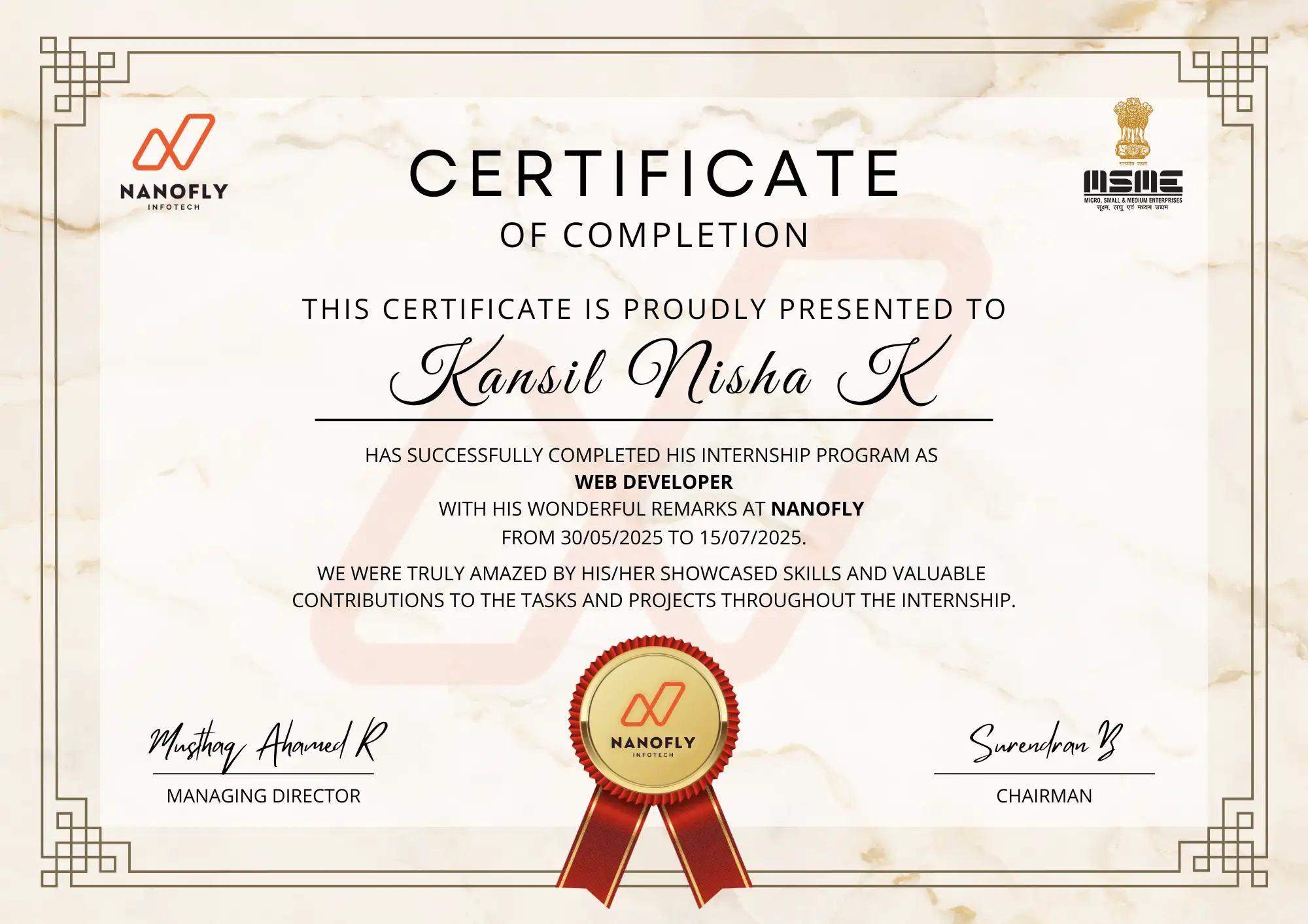 Certificate awarded to Kansil Nisha K