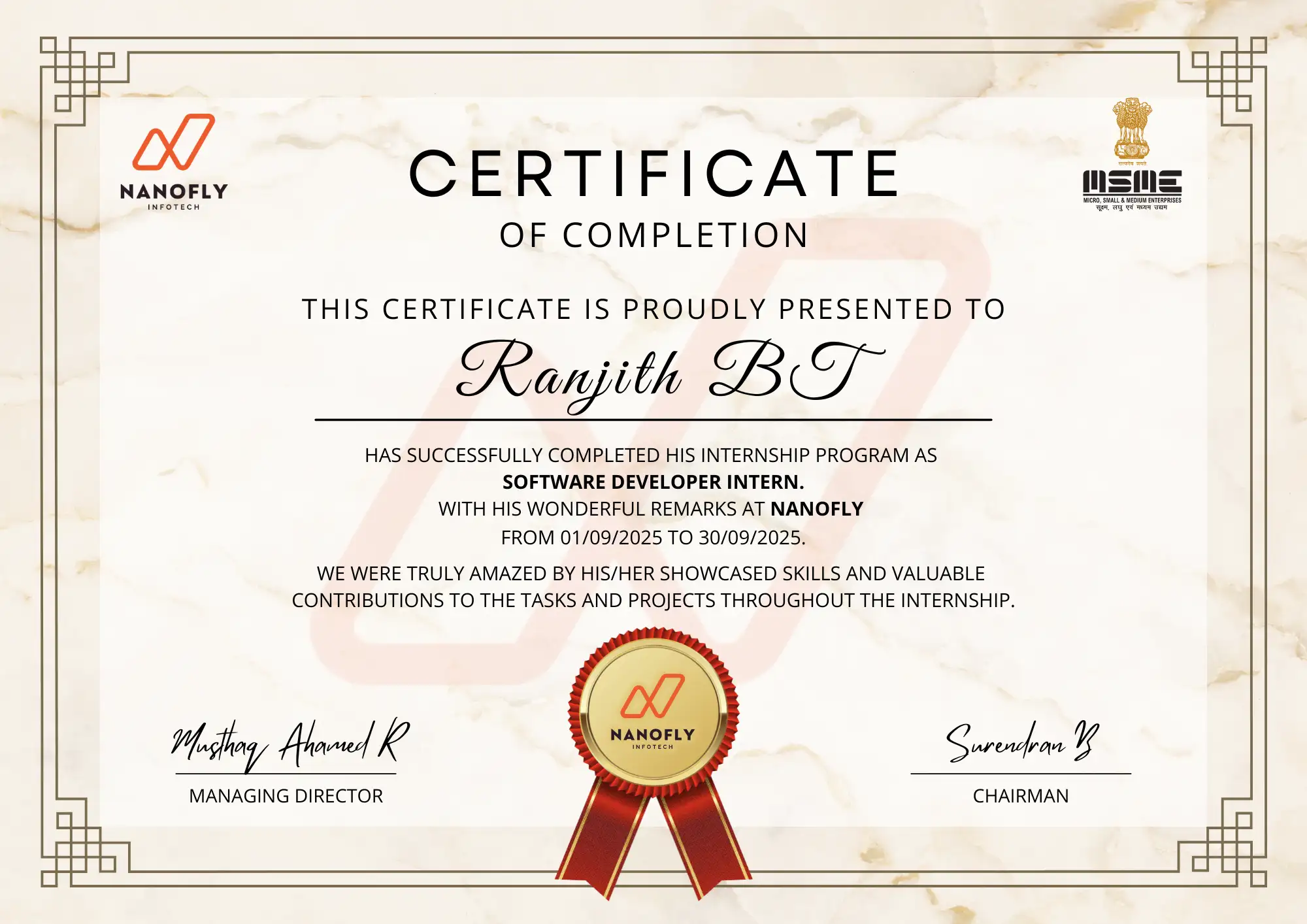Certificate awarded to Ranjith BT