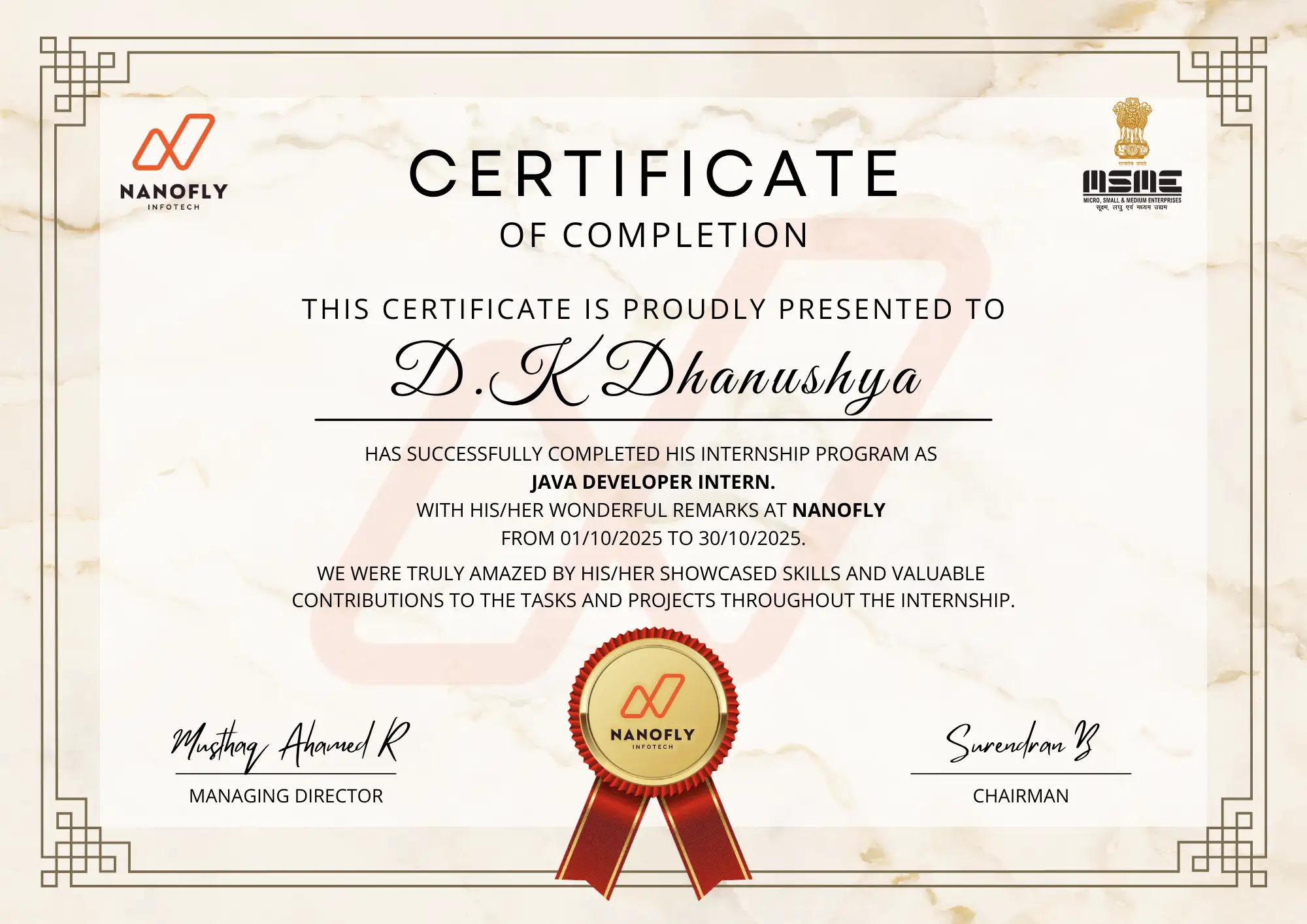 Certificate awarded to D.K Dhanushya