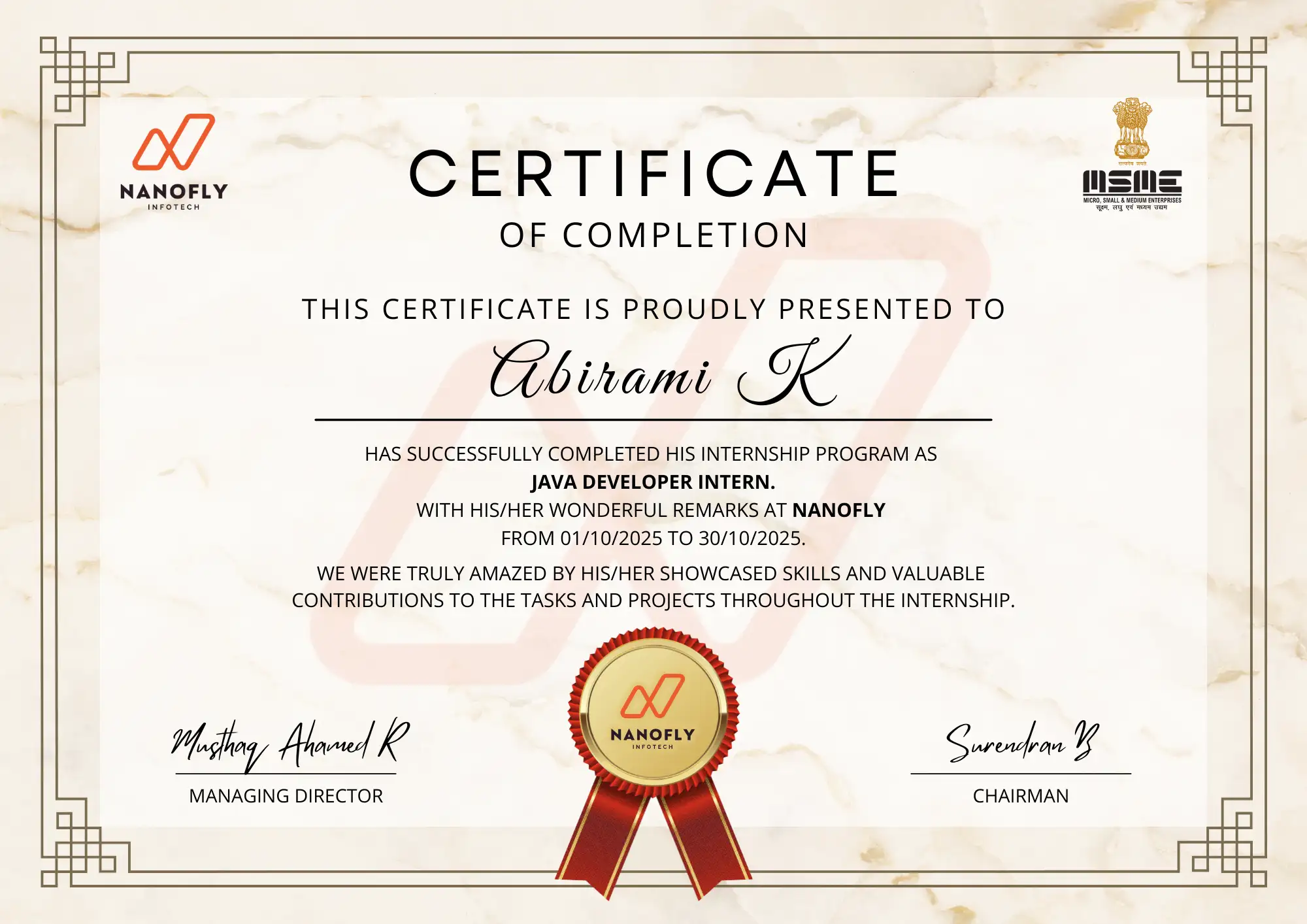 Certificate awarded to Abirami K