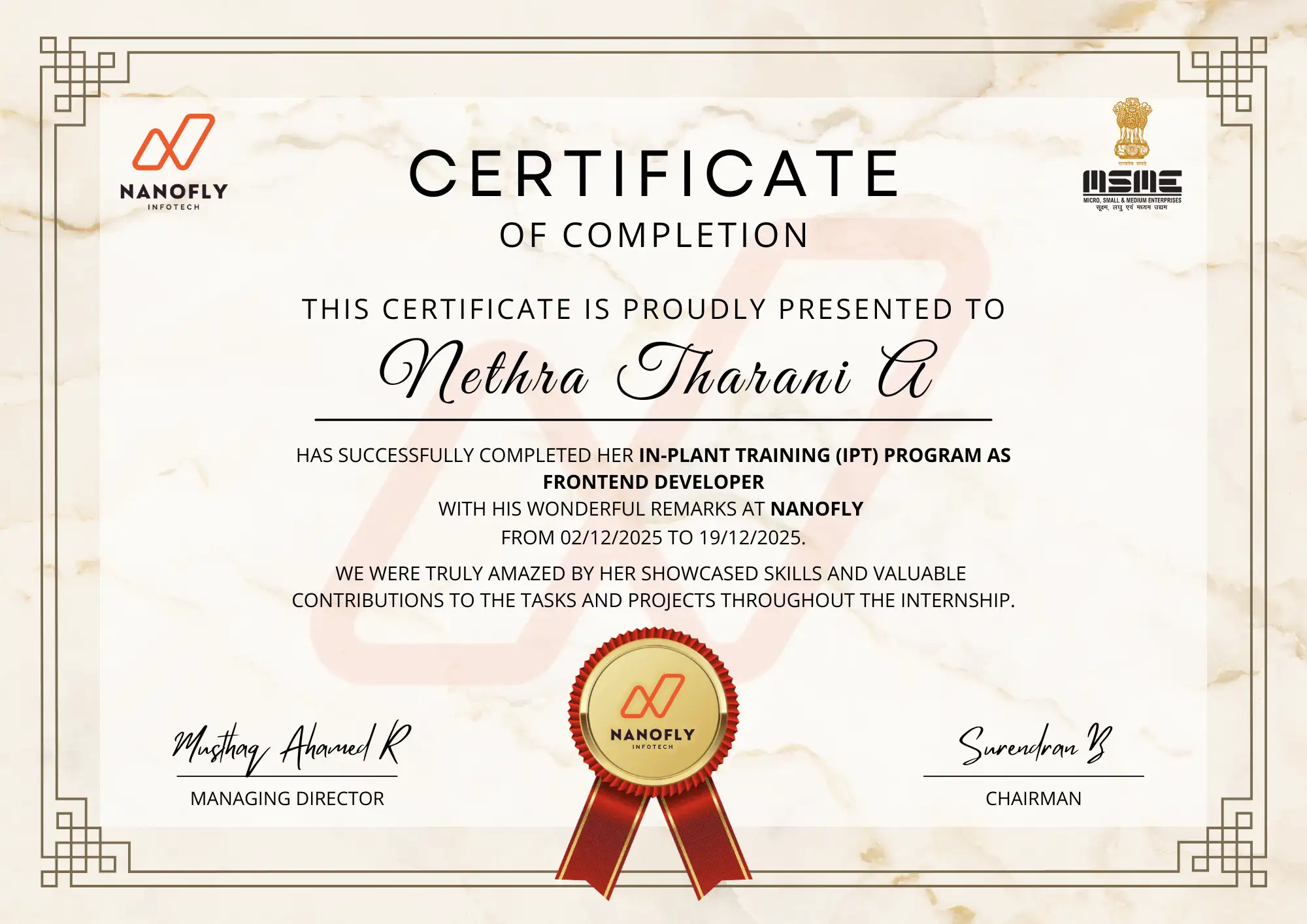 Certificate awarded to Nethra Tharani A