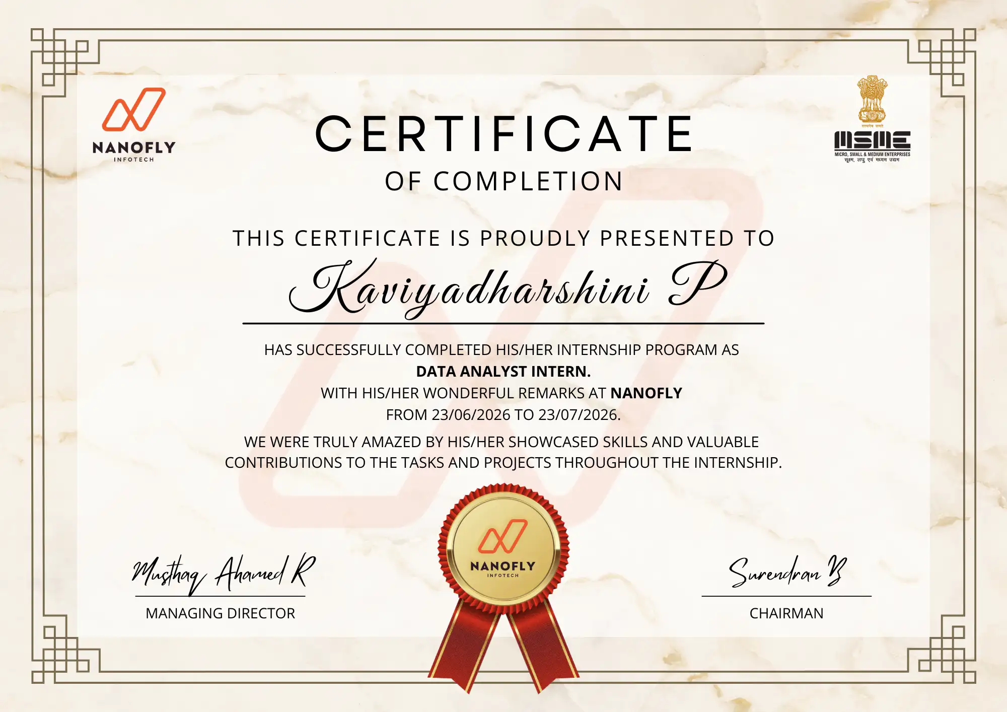 Certificate awarded to Kaviyadharshini P