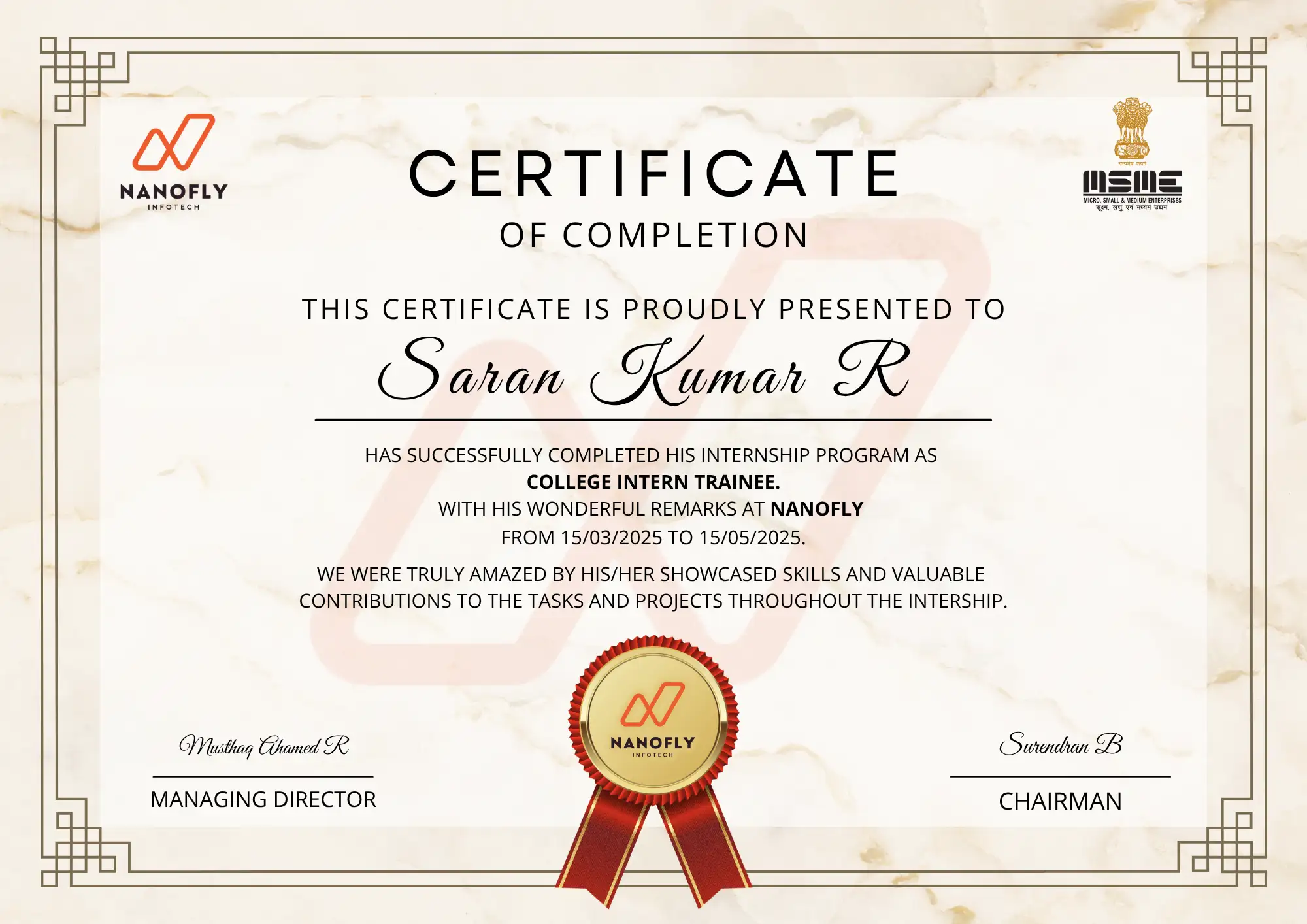 Certificate awarded to Saran Kumar R