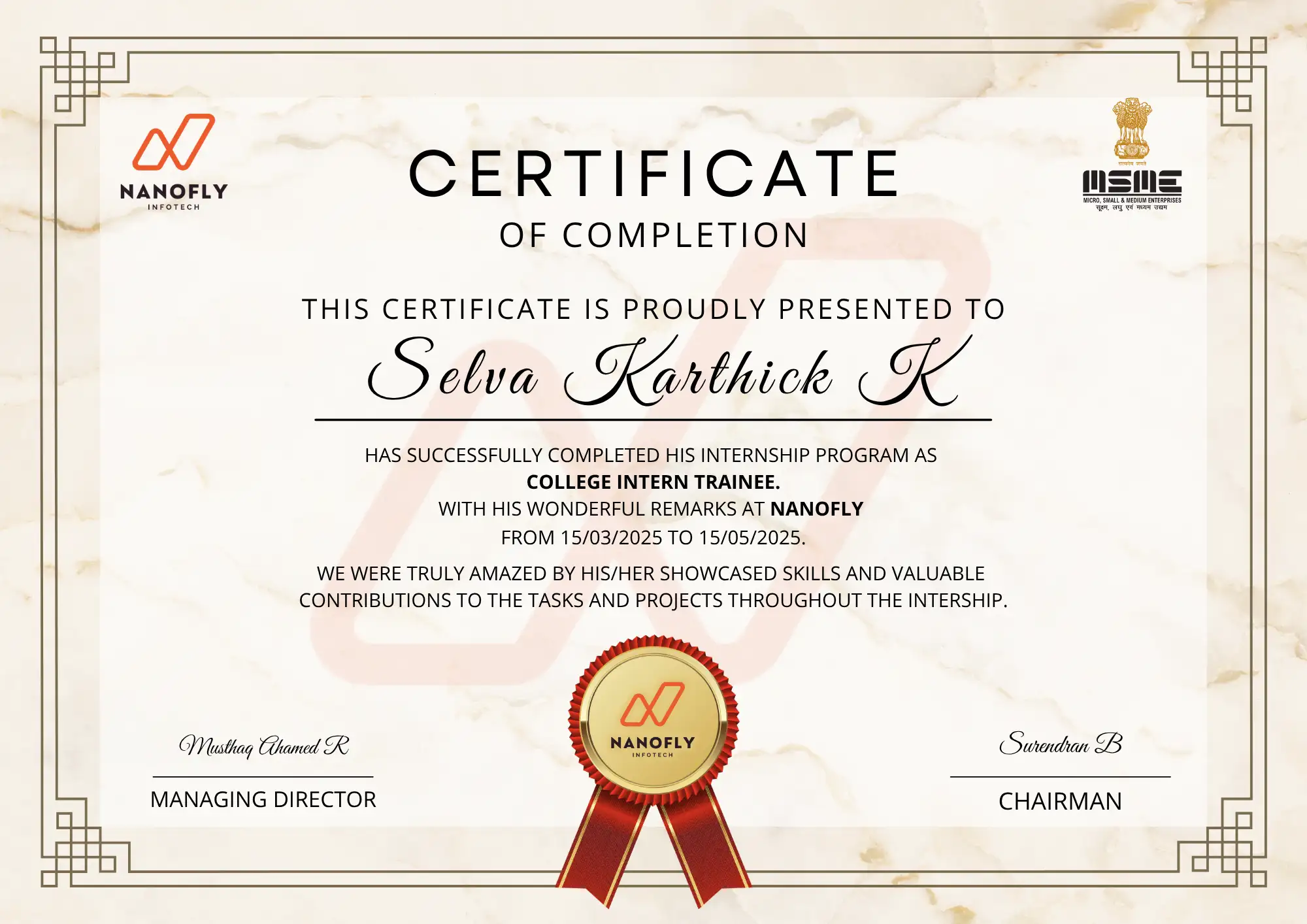 Certificate awarded to Selva Karthick K