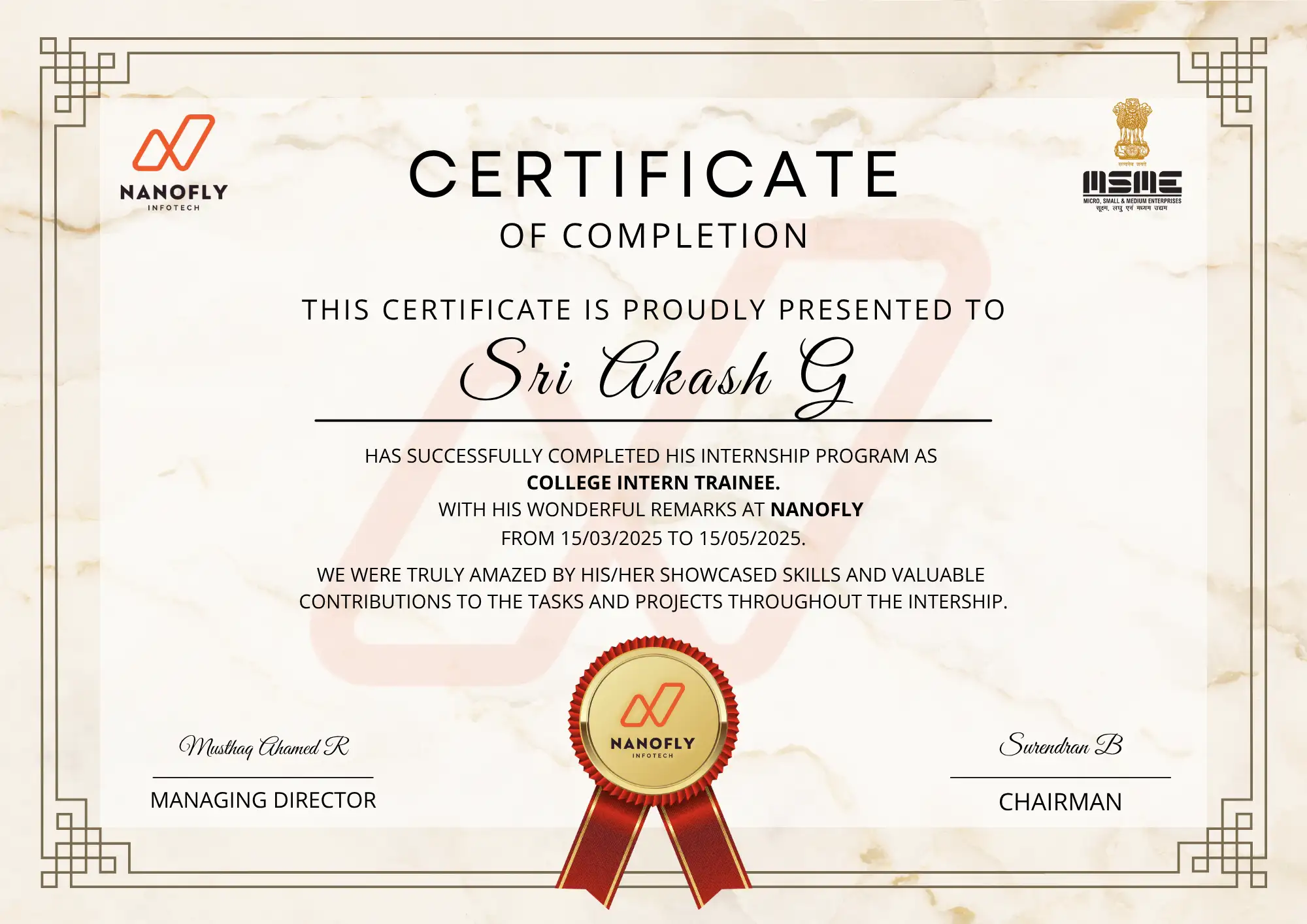 Certificate awarded to Sri Akash G