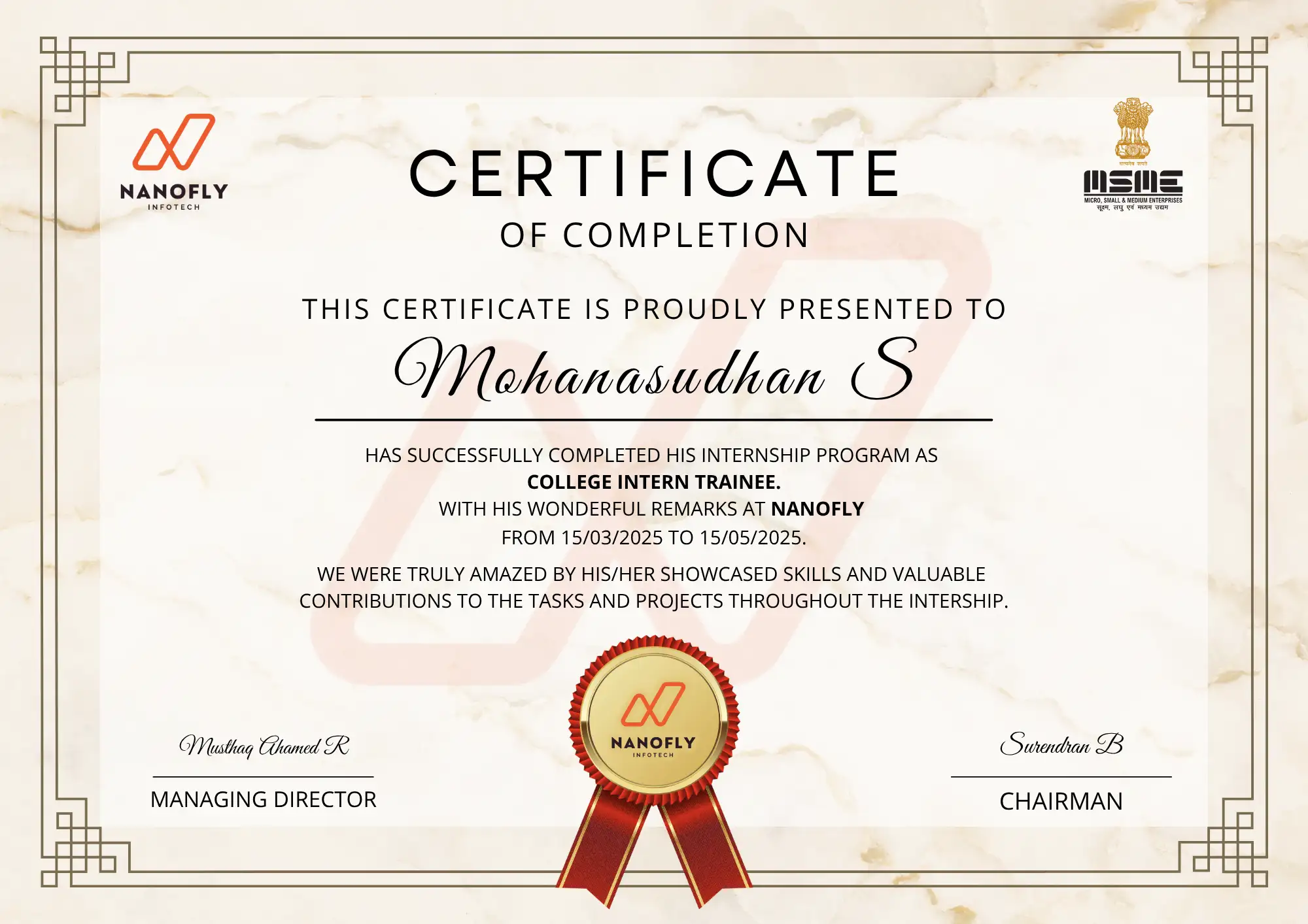 Certificate awarded to Mohanasudhan S