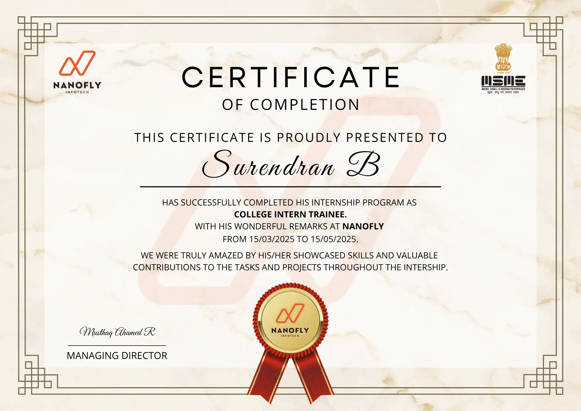 Certificate awarded to Surendran B