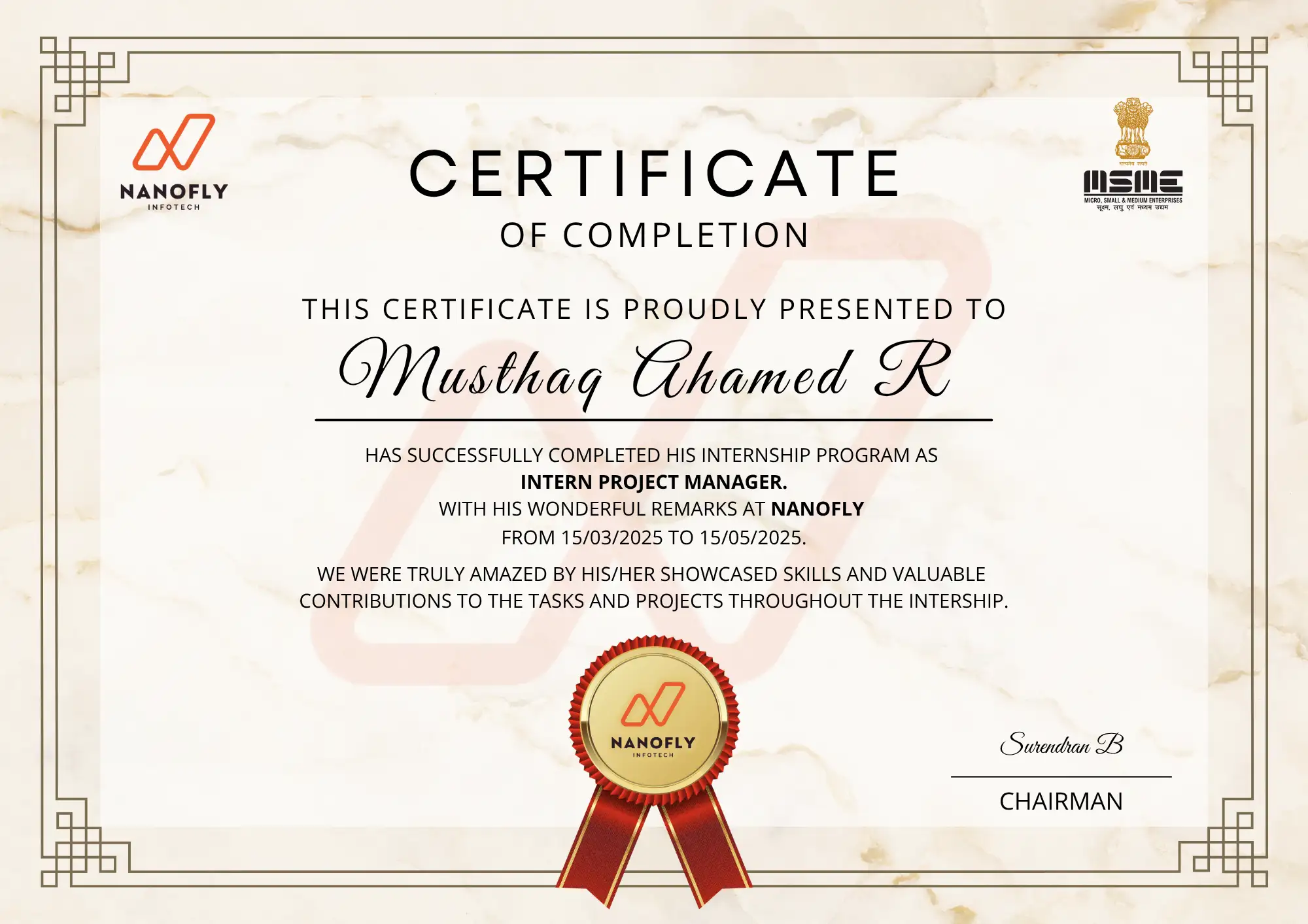 Certificate awarded to Musthaq Ahamed R