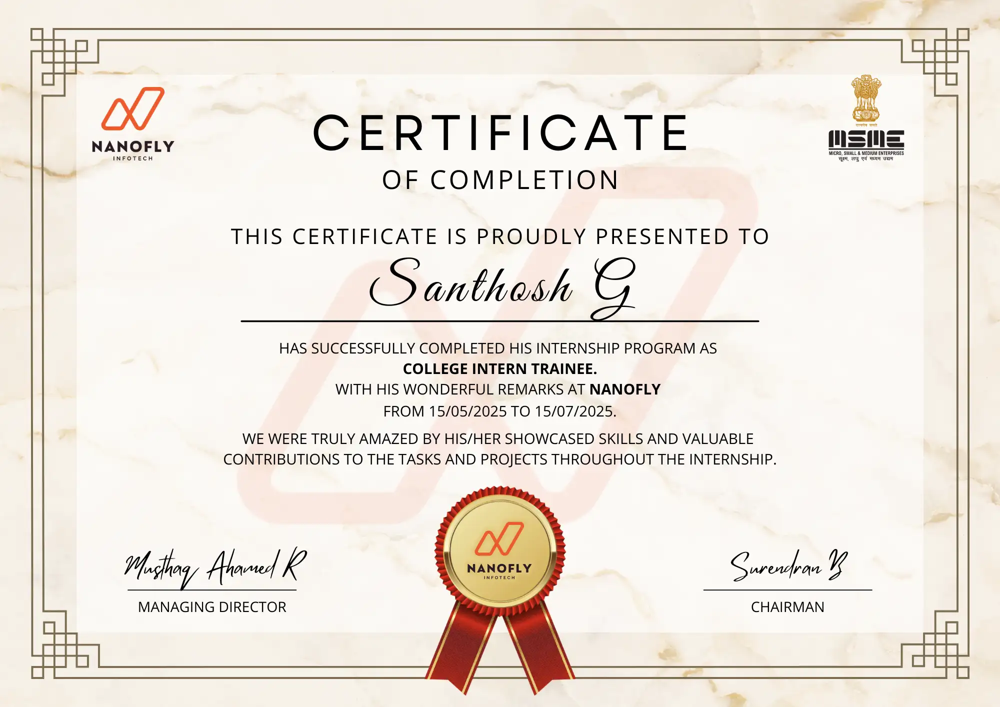 Certificate awarded to Santhosh G